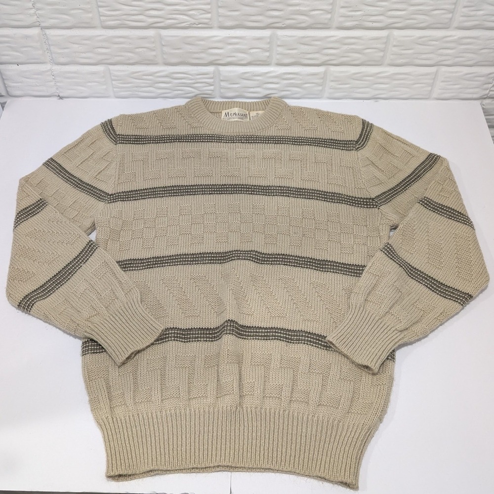 Vintage Mens Beige Textured Striped Crewneck Sweater Grandpacore Cabincore XL